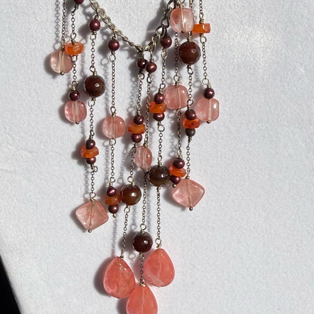 Sterling Silver Statement Necklace Stunning With Pink Crystals & Garnets 16 1/4”